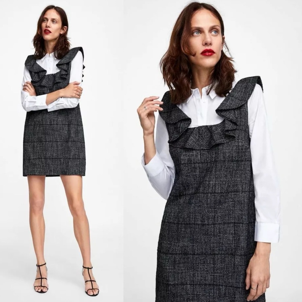 Zara Mini Dress White Button Blouse Shirt Tweed Pinafore Academia Cosplay Grey S